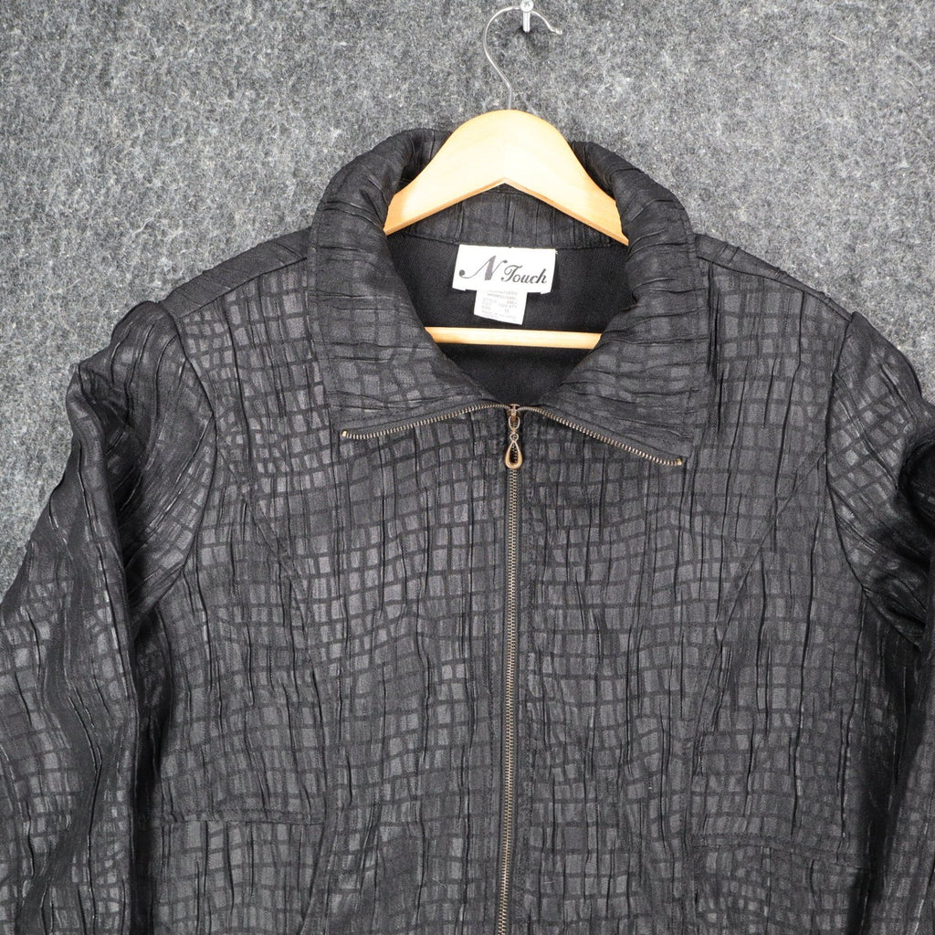N Touch Jacket Womens 10 Black Textured Puckered Zip Front Mock Neck NWT - take2supply