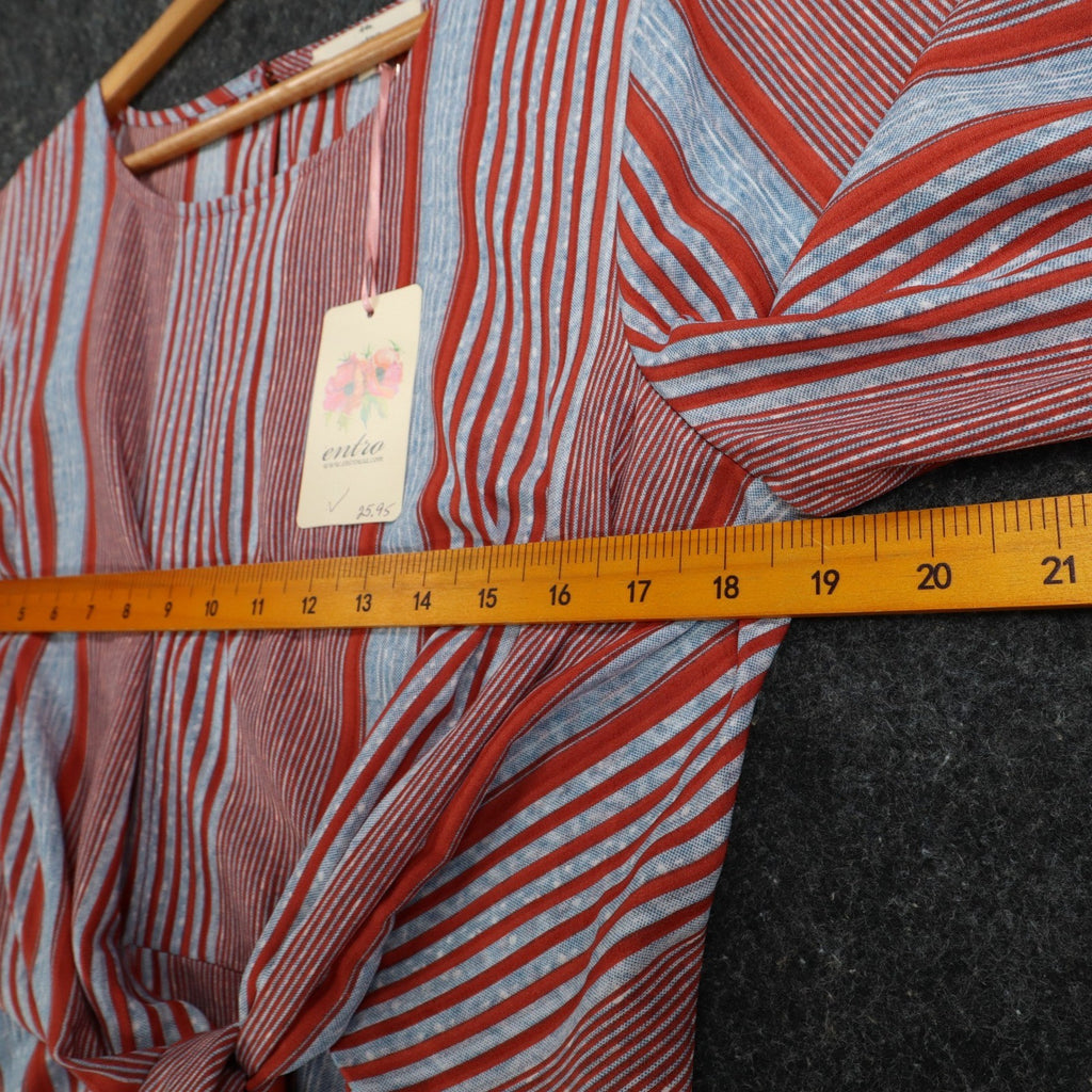 Entro Striped Front Tie Blouse Womens Size L Red Blue Bell Sleeve Top NEW - take2supply