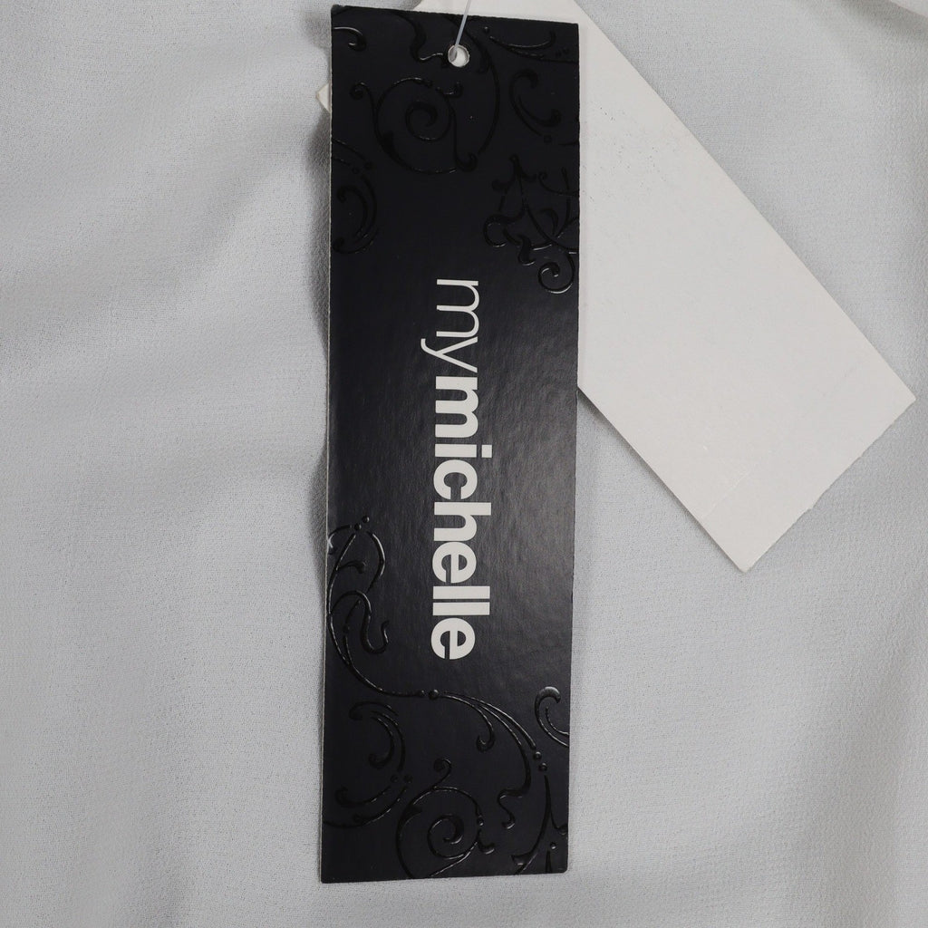 mymichelle Sleeveless Blouse Large White Black Bow Chiffon Faux Wrap Top - take2supply
