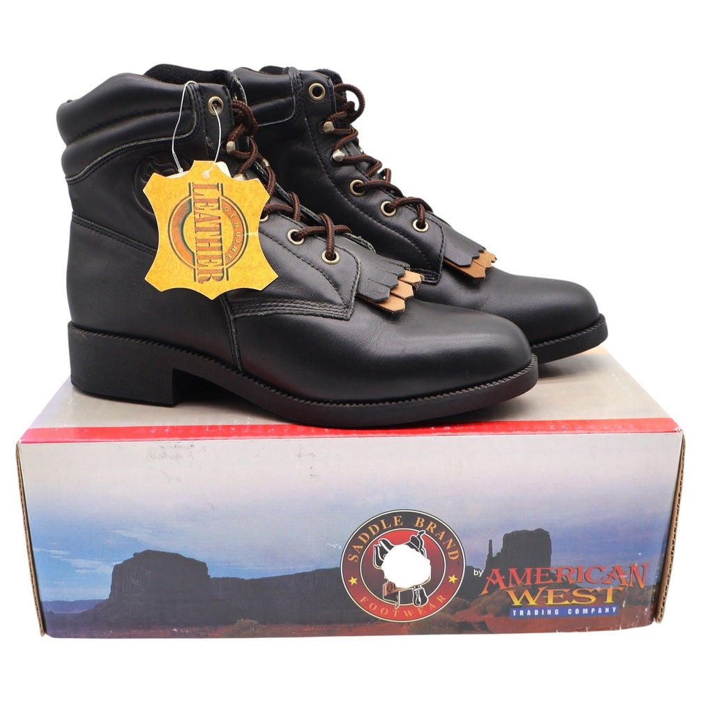 Saddle Brand Boots Womens 9 Black Leather Kiltie Lace Up Work Western 550 Y2K - take2supply