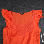 XOXO Blouse Womens L Orange Rayon Crochet Lace Ruffle Cap Sleeve Smocked Top NEW - take2supply