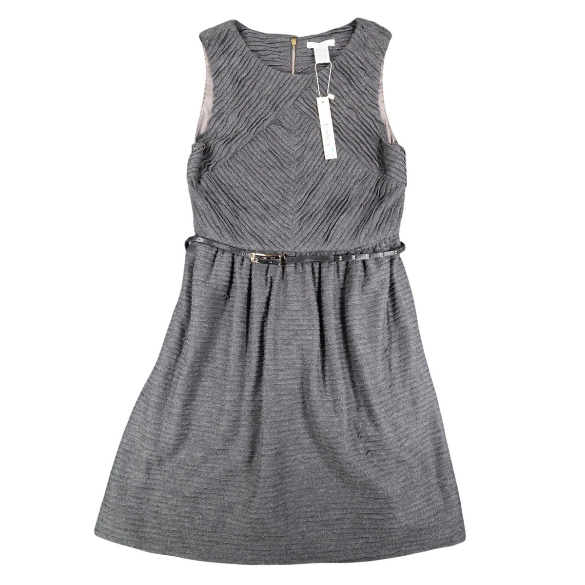 Front view of dark gray Esley sleeveless dress with textured pleats and a black belt