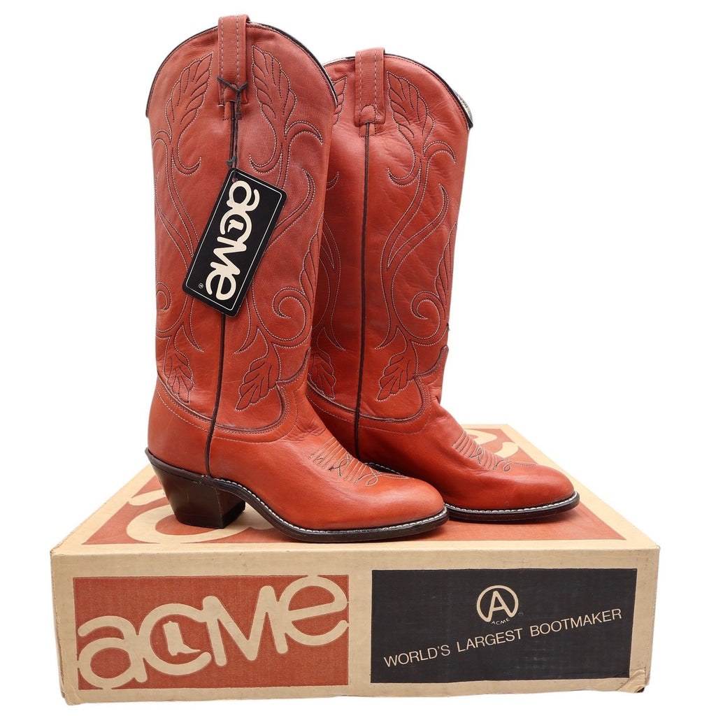 Acme Vintage 70s Western Boots Womens 6 Rust Leather Deadstock New NWT - take2supply