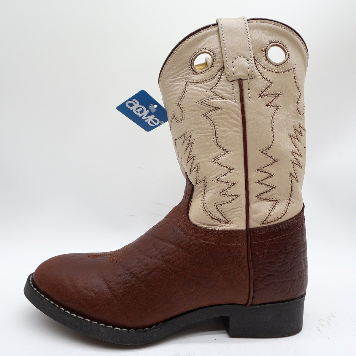 Acme Vintage Cowboy Boots Boys 2 Brown Cream Bullhide Roper NWT Deadstock - take2supply