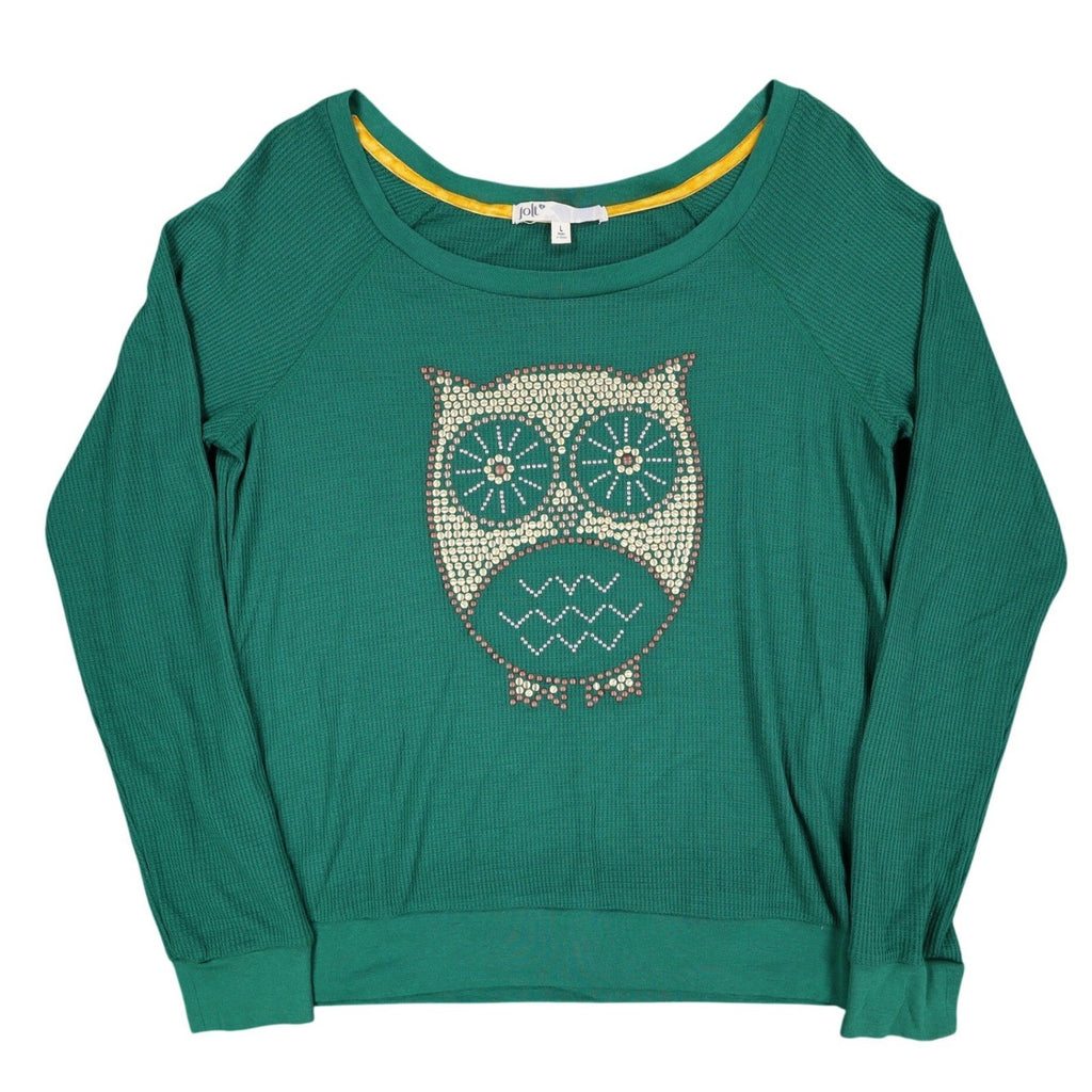 Jolt Owl Studded Thermal Top Womens Large Green Waffle Knit Raglan NWT - take2supply