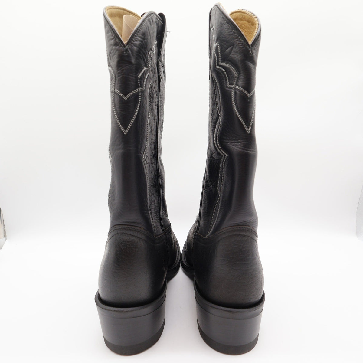 Black Double-H western boots with light shaft stitching, rear view