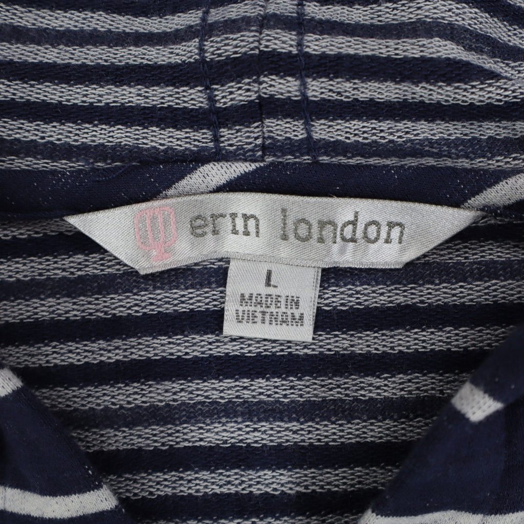 Erin London Womens L Navy White Striped Zip Hoodie Bell Sleeve Pockets NWT - take2supply