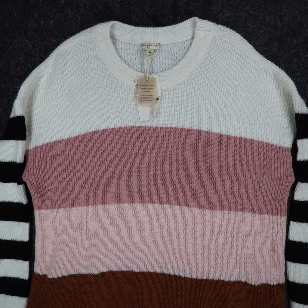 Hem & Thread Colorblock Striped Sweater Women Medium Pink Brown White Black Knit - take2supply