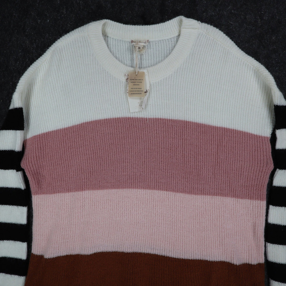 Hem & Thread Colorblock Striped Sweater Women Medium Pink Brown White Black Knit - take2supply