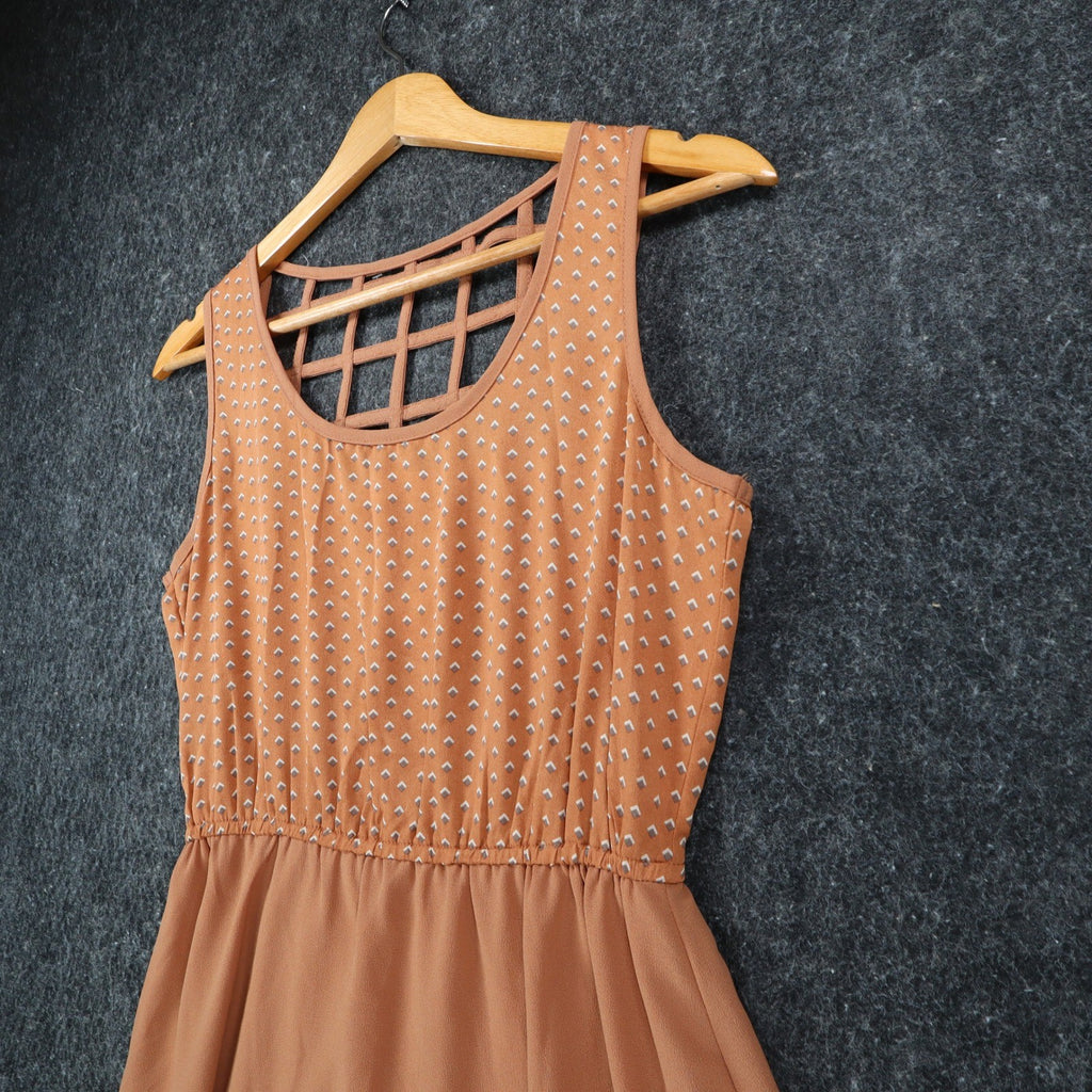 Blu Pepper Sleeveless Dress Small Rust Orange Lattice Cage Back Geometric Print - take2supply