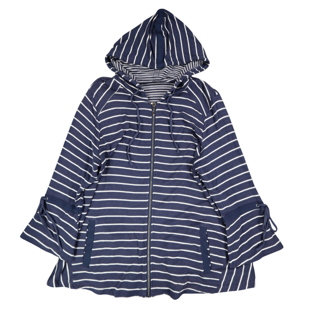 Erin London Womens M Navy White Striped Zip Hoodie Bell Sleeve Pockets NWT - take2supply
