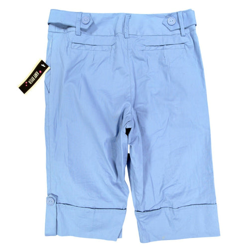 Light blue Amy Byer cuffed shorts, full back view with welt pockets