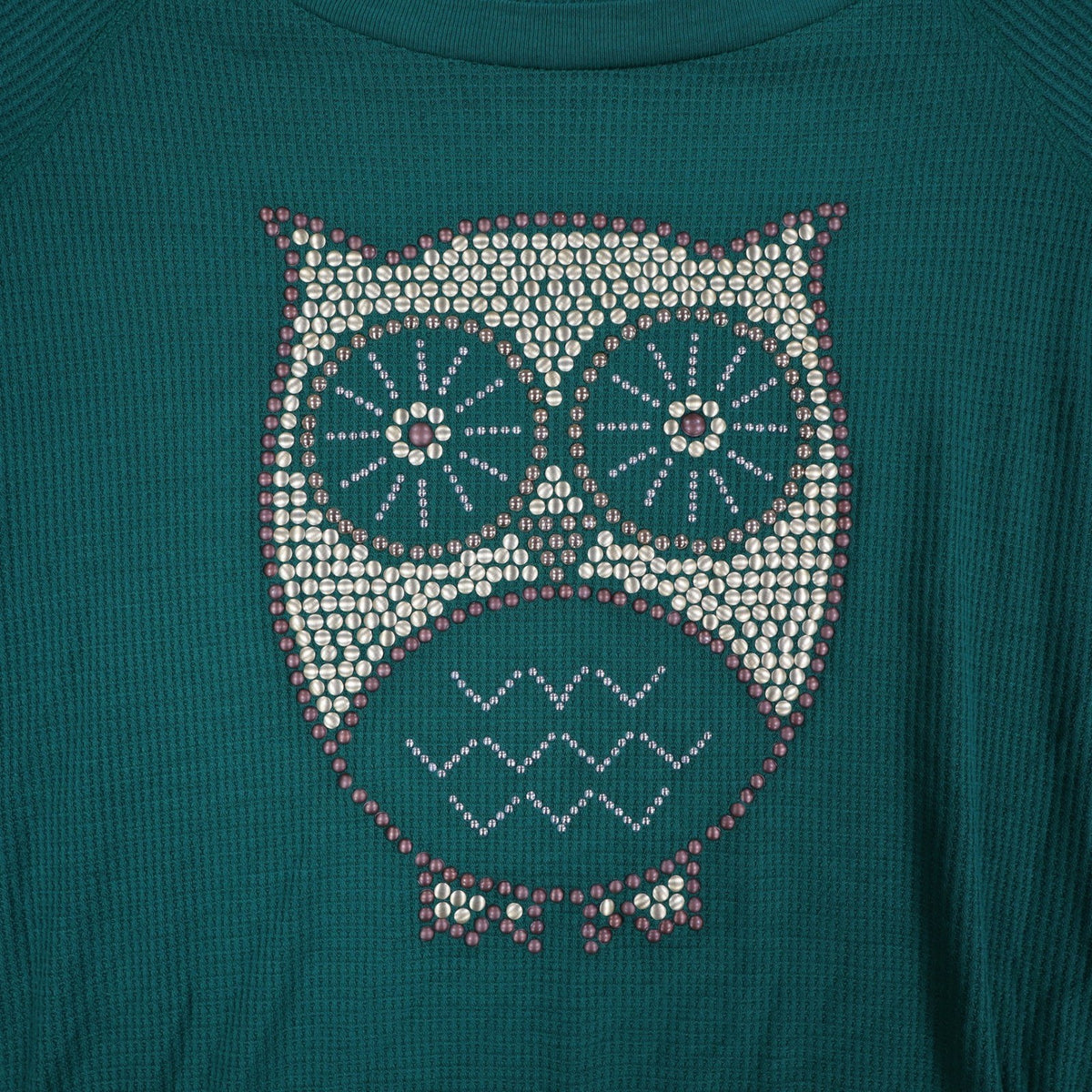 Jolt Owl Studded Thermal Top Womens Large Green Waffle Knit Raglan NWT - take2supply