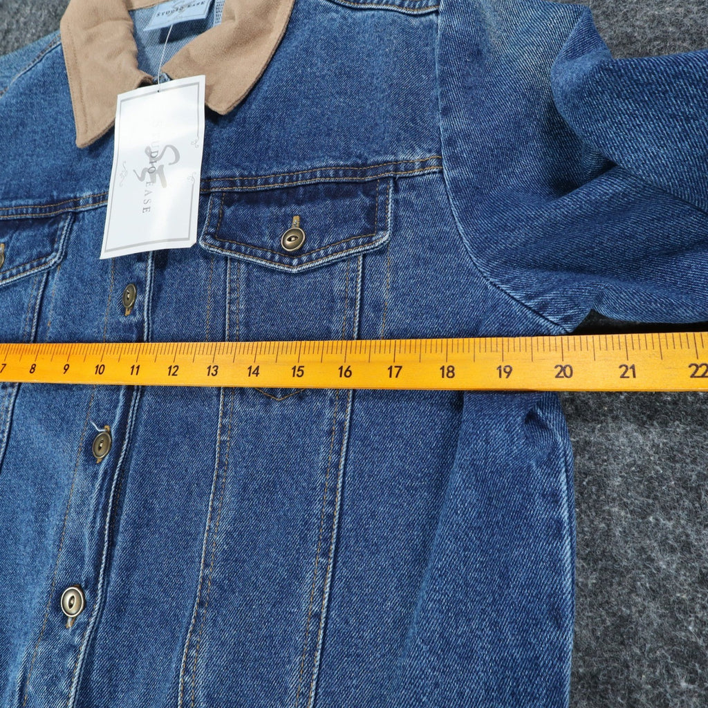 Studio Ease Denim Jacket Womens 8 Blue Cotton Faux Suede Collar WAAC77RI NWT - take2supply