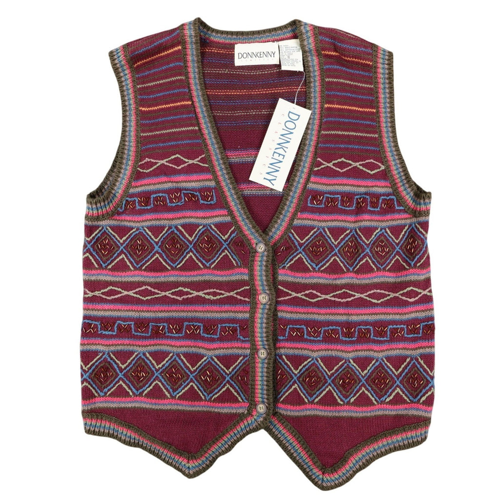 Donnkenny Sweater Vest Womens M Vintage 90s Burgundy Beaded Fair Isle Cotton - take2supply