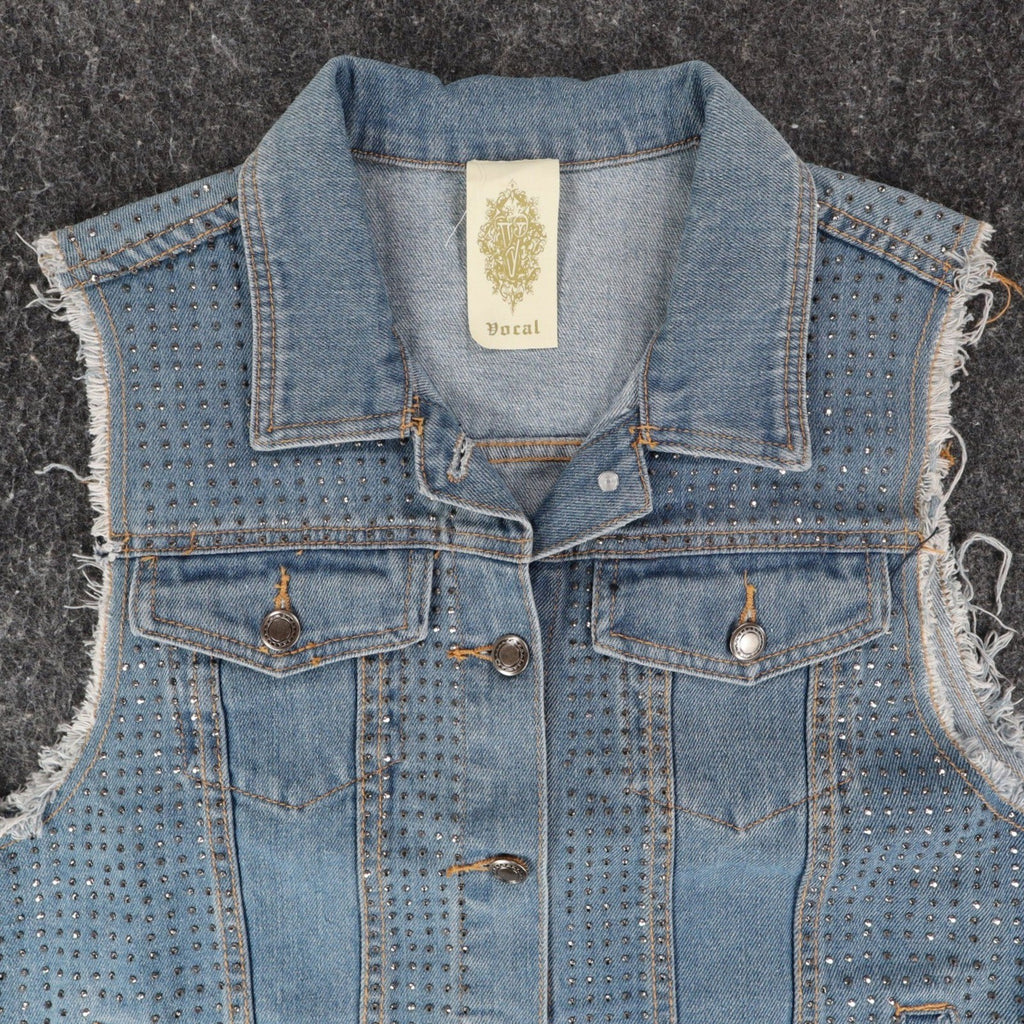 Vocal Denim Vest Womens Large Blue Light Wash Rhinestone Studded Frayed Y2K - take2supply