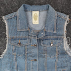 Vocal Denim Vest Womens Large Blue Light Wash Rhinestone Studded Frayed Y2K - take2supply