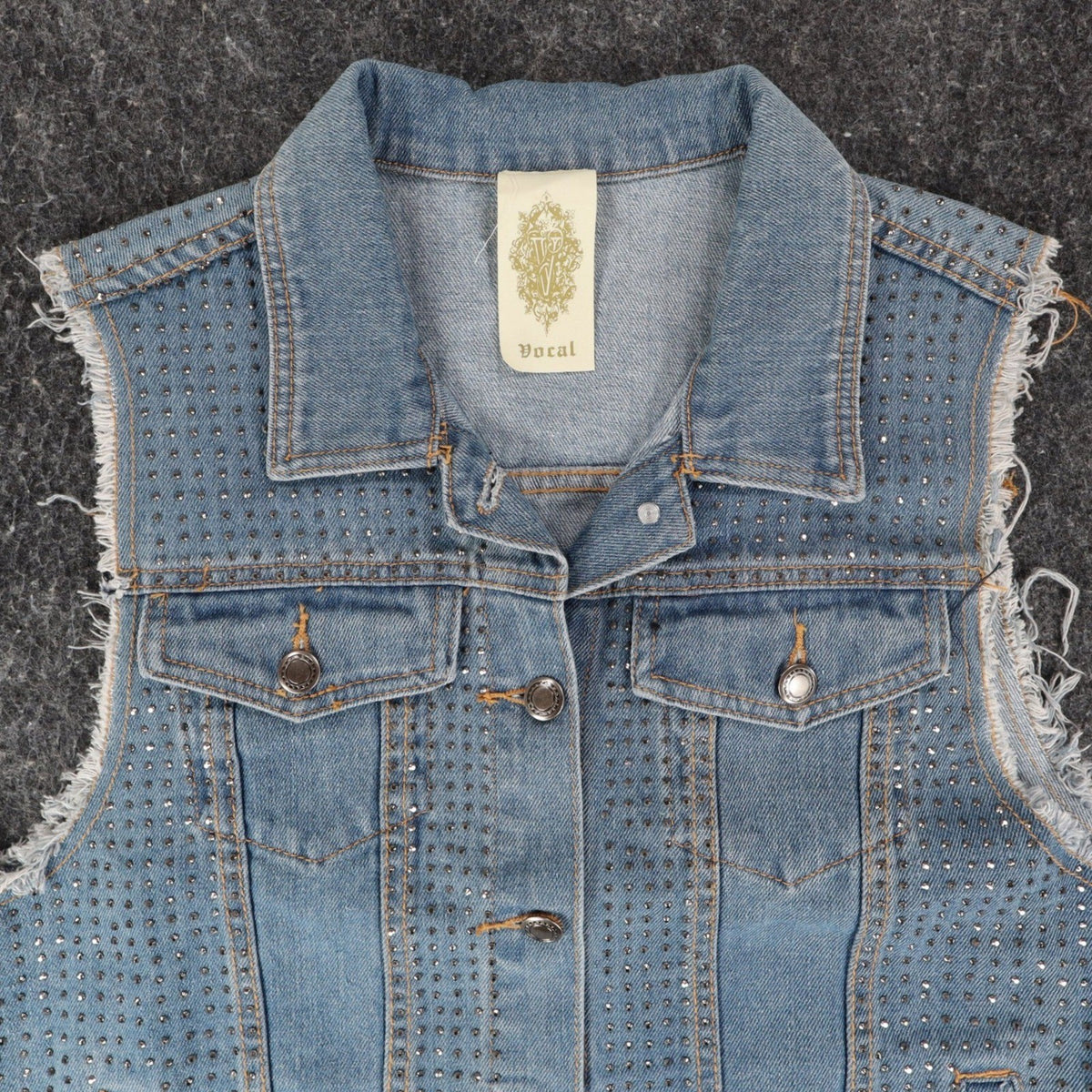 Vocal Denim Vest Womens Large Blue Light Wash Rhinestone Studded Frayed Y2K - take2supply