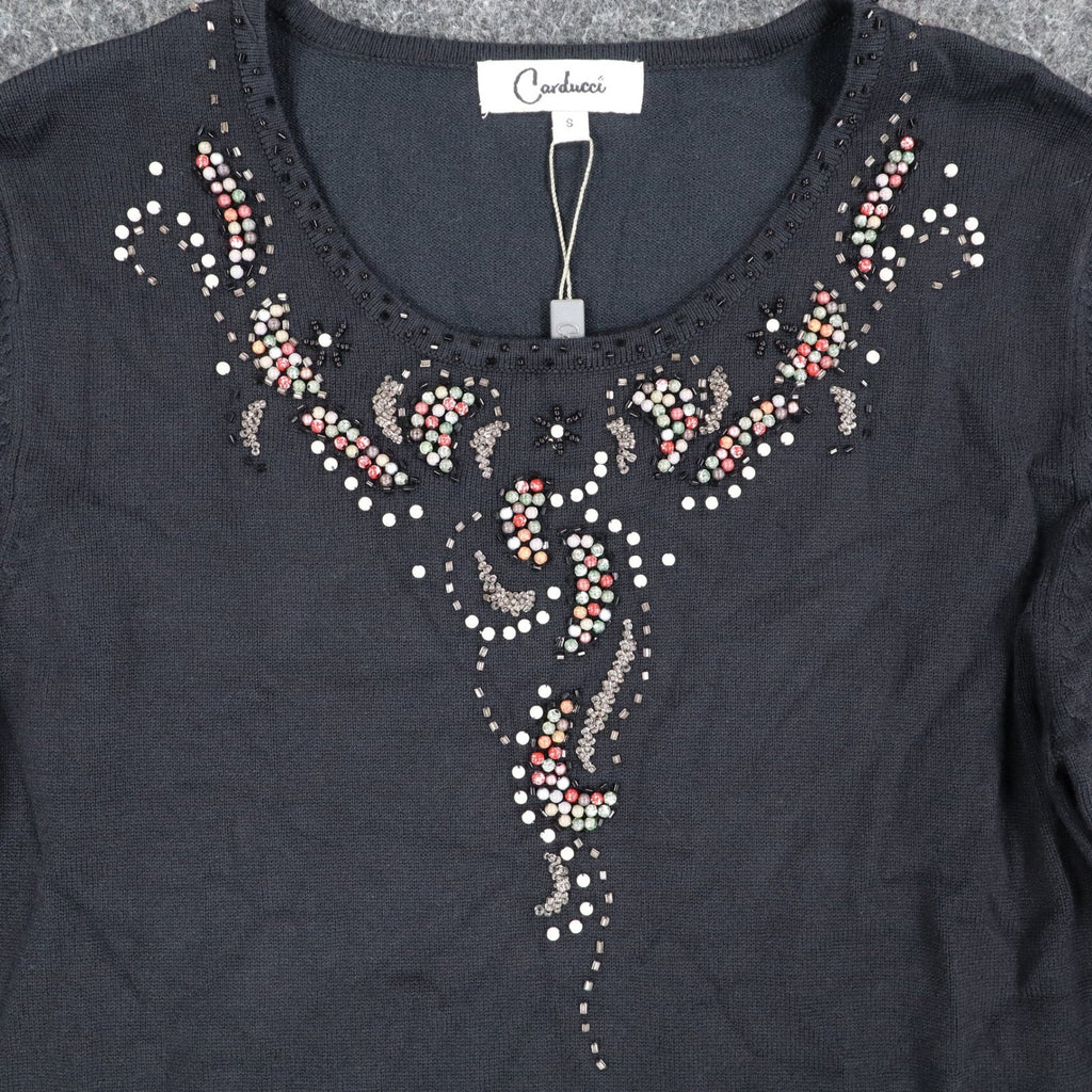 Carducci Beaded Embellished Top Womens Size S Black Rayon Blend 3/4 Sleeve NEW - take2supply