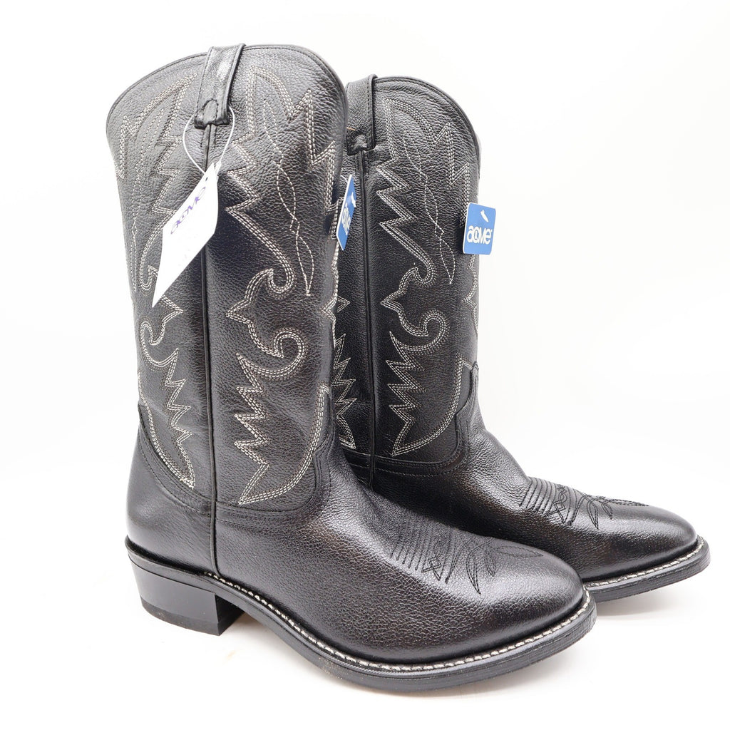 Acme Vintage Western Boots Mens 10.5 D Black Leather NWT AC205 Cowboy Deadstock - take2supply