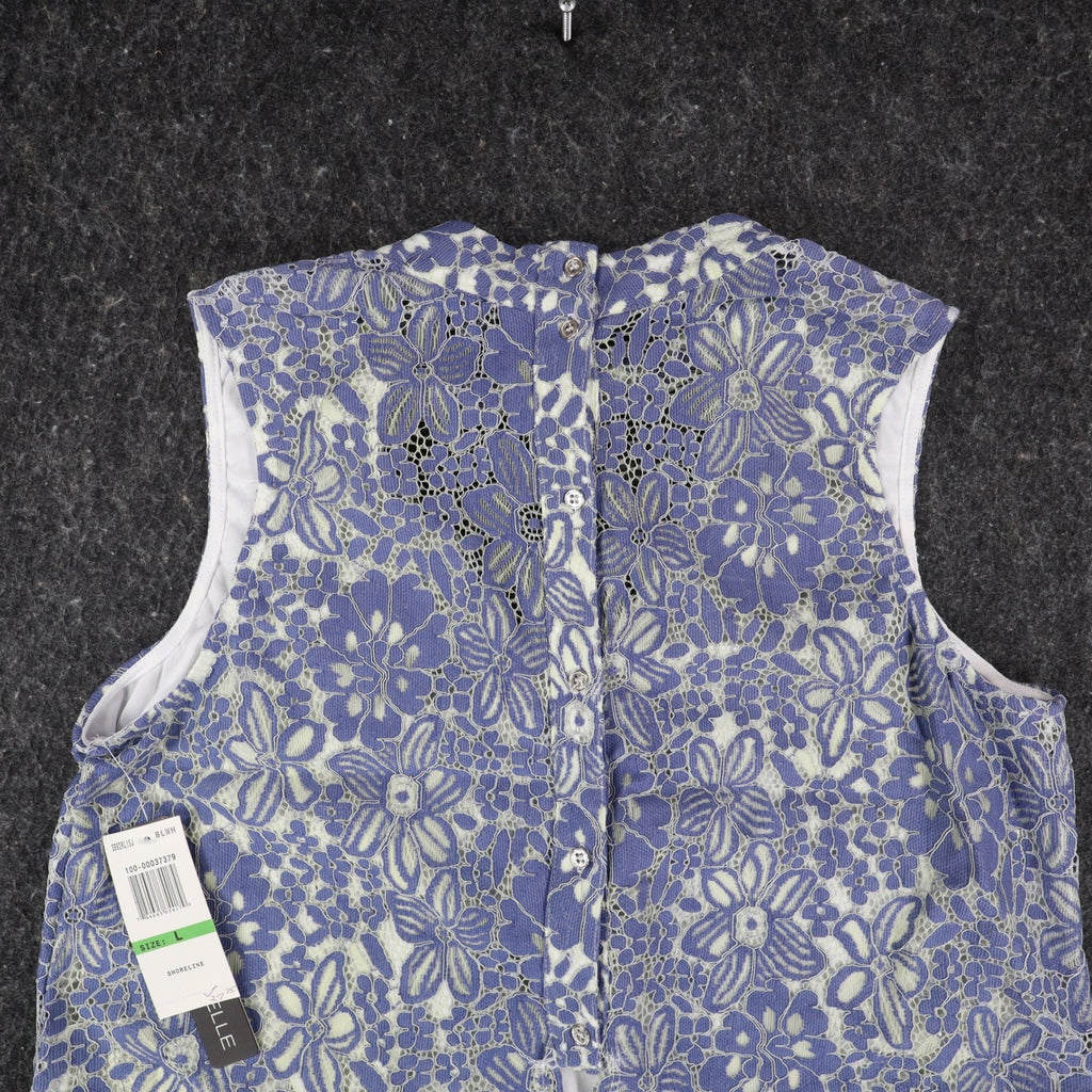 My Michelle Lace Sleeveless Top Womens Large Blue White Floral Choker Neck NWT - take2supply