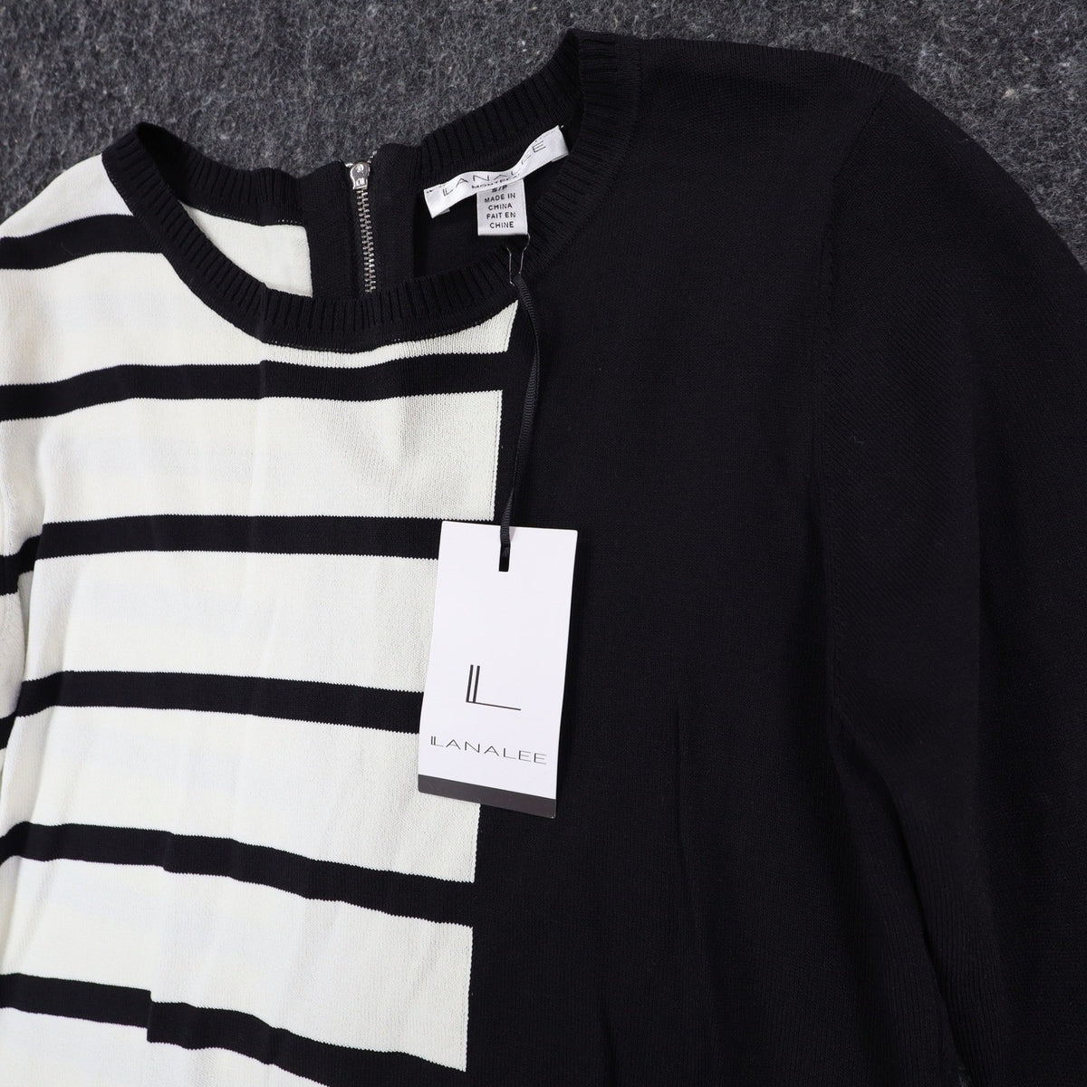 Lana Lee Tunic Sweater Womens Large Black White Striped Colorblock Zip Back New - take2supply