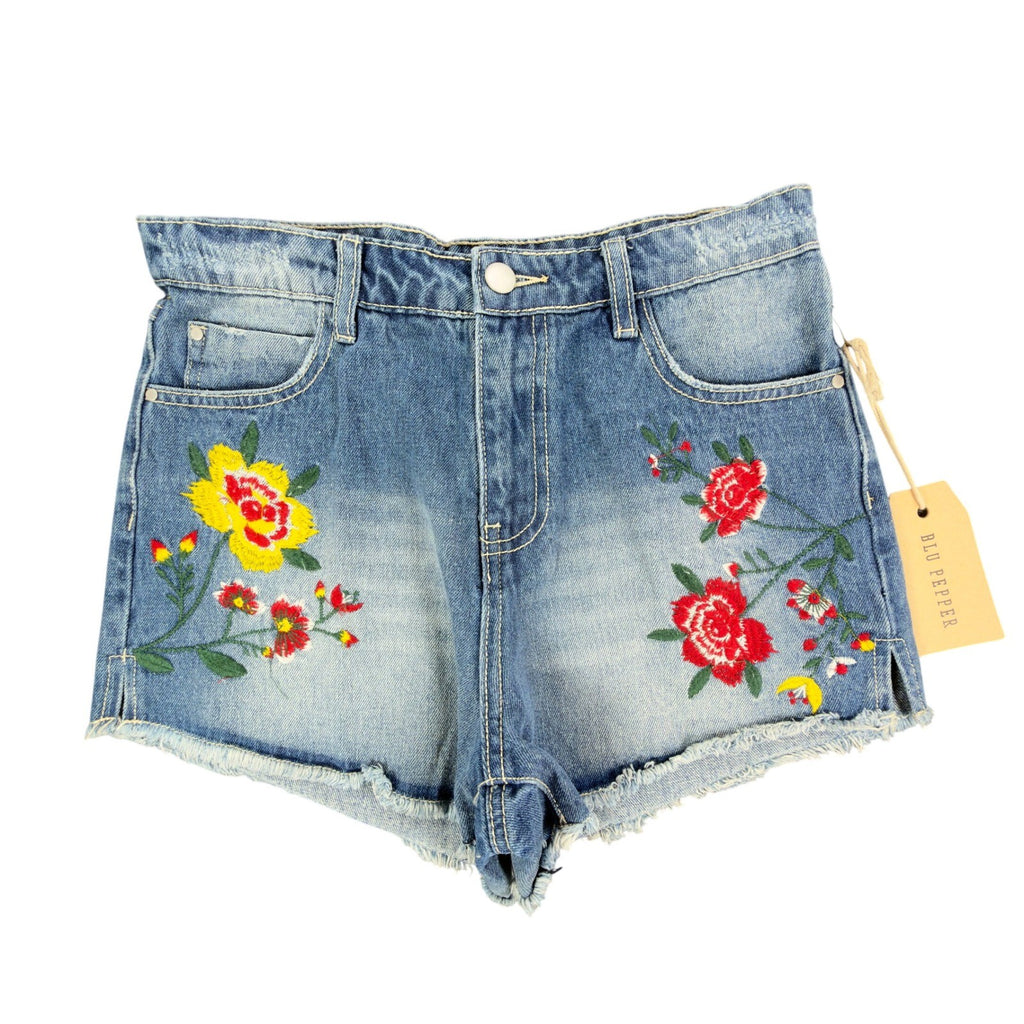 Blu Pepper Modern Floral Embroidered Denim Shorts Womens S Blue Cotton NWT - take2supply