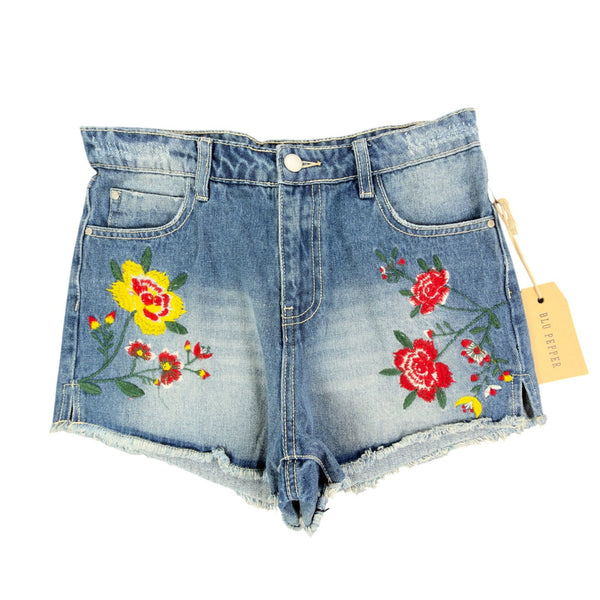Blu Pepper Modern Floral Embroidered Denim Shorts Womens S Blue Cotton NWT - take2supply