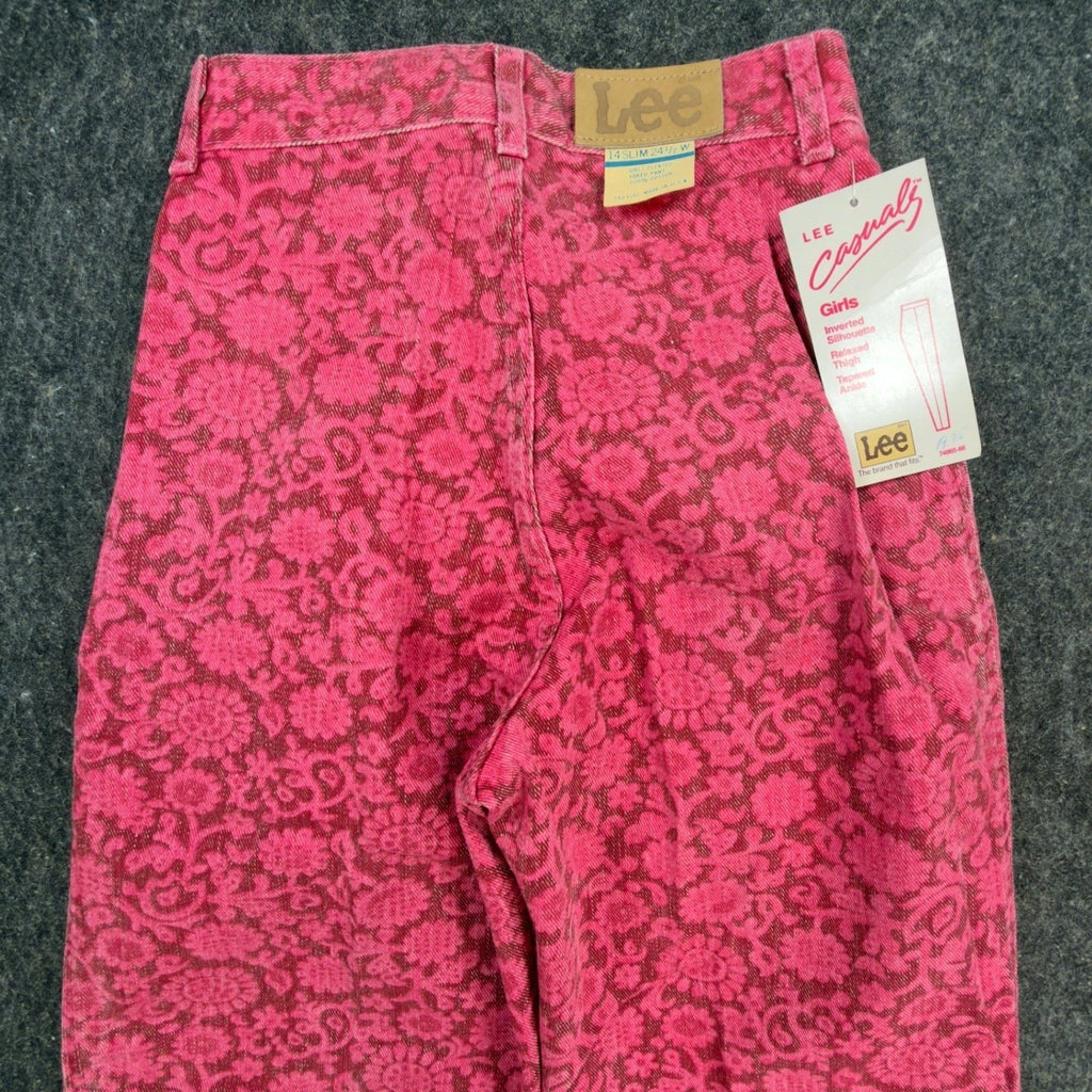 Lee Vintage 80s Floral Casuals Pants Girls 14 Slim Pink USA Made NOS NWT - take2supply