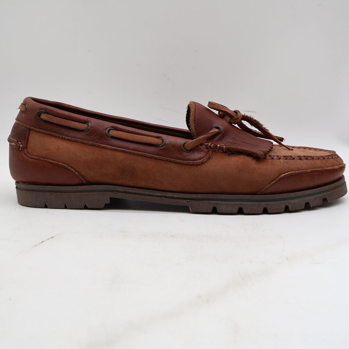 Barclay Kiltie Loafers Mens 12M Vintage Brown Leather Lug Sole Boat Shoes - take2supply