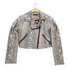 Tan and green Anna Cai snakeskin-print cropped jacket, front view with asymmetric zipper and zip pockets