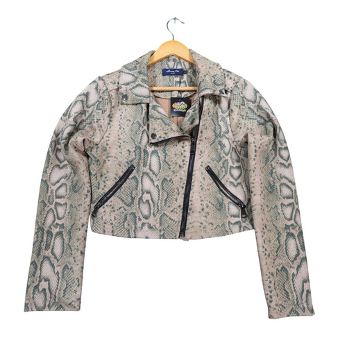 Tan and green Anna Cai snakeskin-print cropped jacket, front view with asymmetric zipper and zip pockets