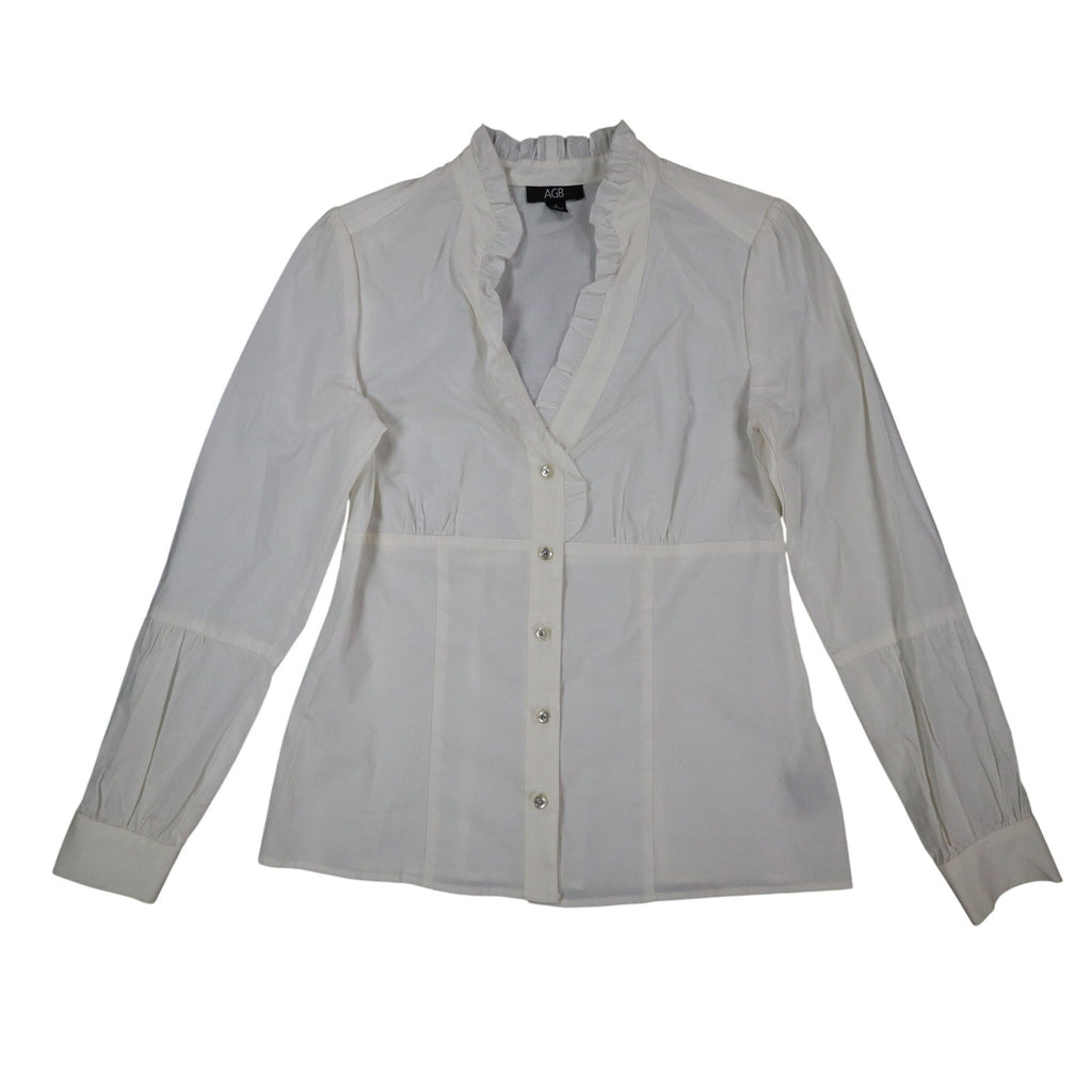 AGB Blouse Womens Small White Stretch Cotton Ruffle V-Neck Long Sleeve Button Up - take2supply