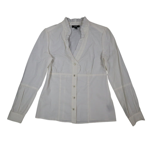 AGB Blouse Womens Small White Stretch Cotton Ruffle V-Neck Long Sleeve Button Up - take2supply