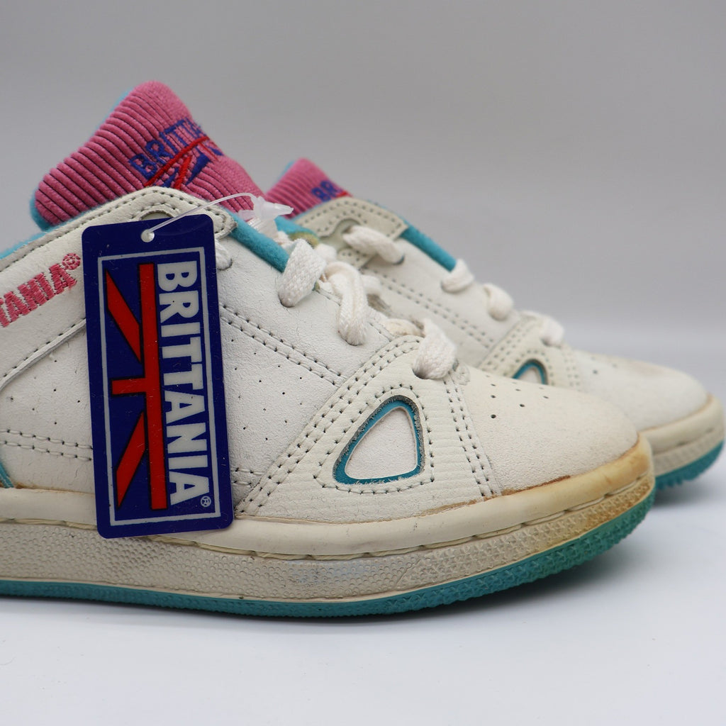 Brittania Sneakers Kids Size 1.5 Vintage 80s White Leather Teal Pink B98543G - take2supply
