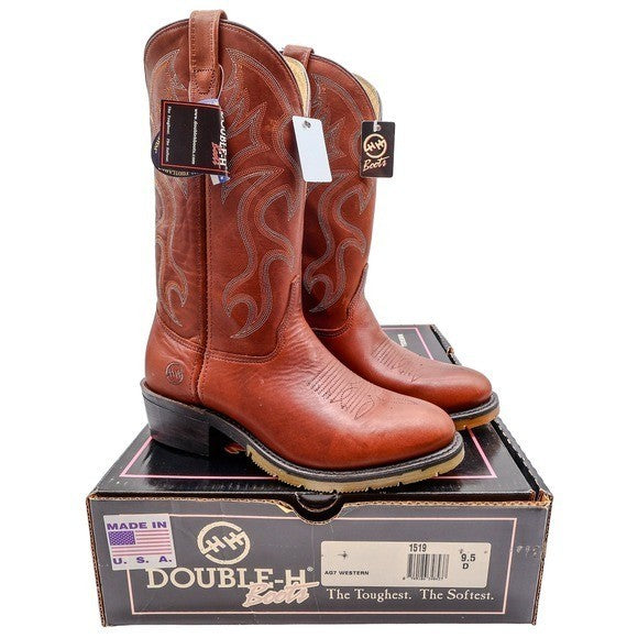 Pair of cognac-brown Double-H western boots with cream stitching displayed on a Double-H shoebox