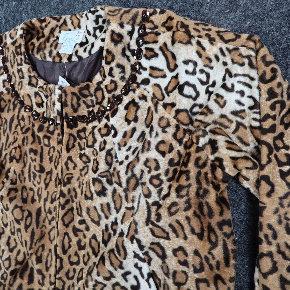 Emma J Faux Fur Jacket Womens Size M Leopard Print Beaded Neck Open Front Brown - take2supply
