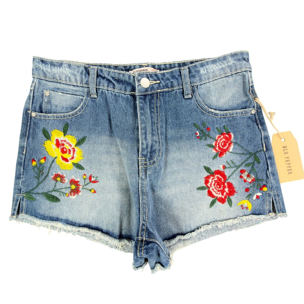 Blu Pepper Modern Floral Embroidered Denim Shorts Womens Medium Blue NWT - take2supply