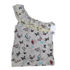 Jolt One Shoulder Top Womens Medium Ivory Butterfly Print Ruffle Lace Trim NWT - take2supply