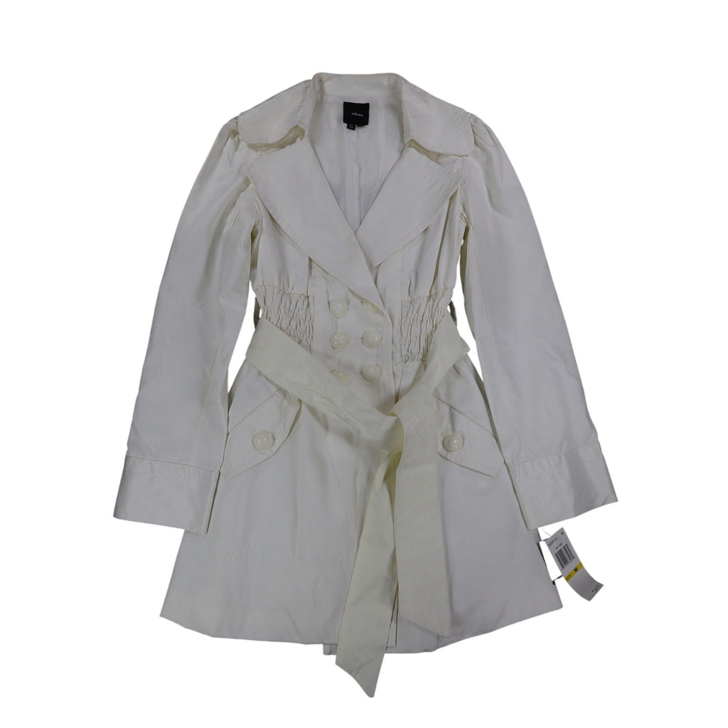 Takara Trench Coat Womens M White Belted Double Breasted Smocked NOS NWT - take2supply