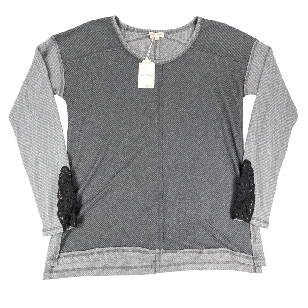 Hem & Thread Top Womens Large Gray Ribbed Lace Cuff Long Sleeve Tee New C797 - take2supply