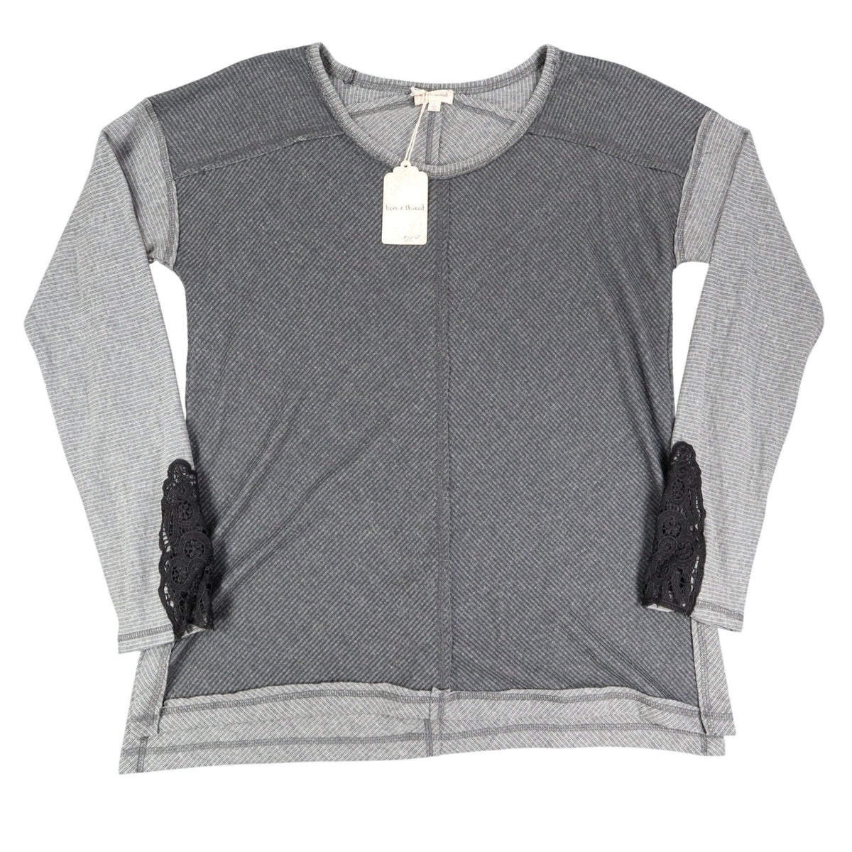 Hem & Thread Top Womens Large Gray Ribbed Lace Cuff Long Sleeve Tee New C797 - take2supply