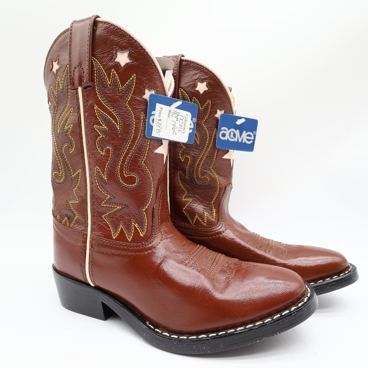 Acme Western Boots Childs 1 D Brown Star Inlay Leather New In Box Vintage Style - take2supply