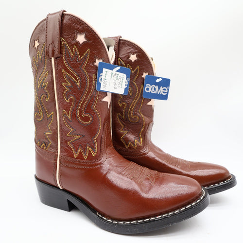 Acme Western Boots Childs 1 D Brown Star Inlay Leather New In Box Vintage Style - take2supply