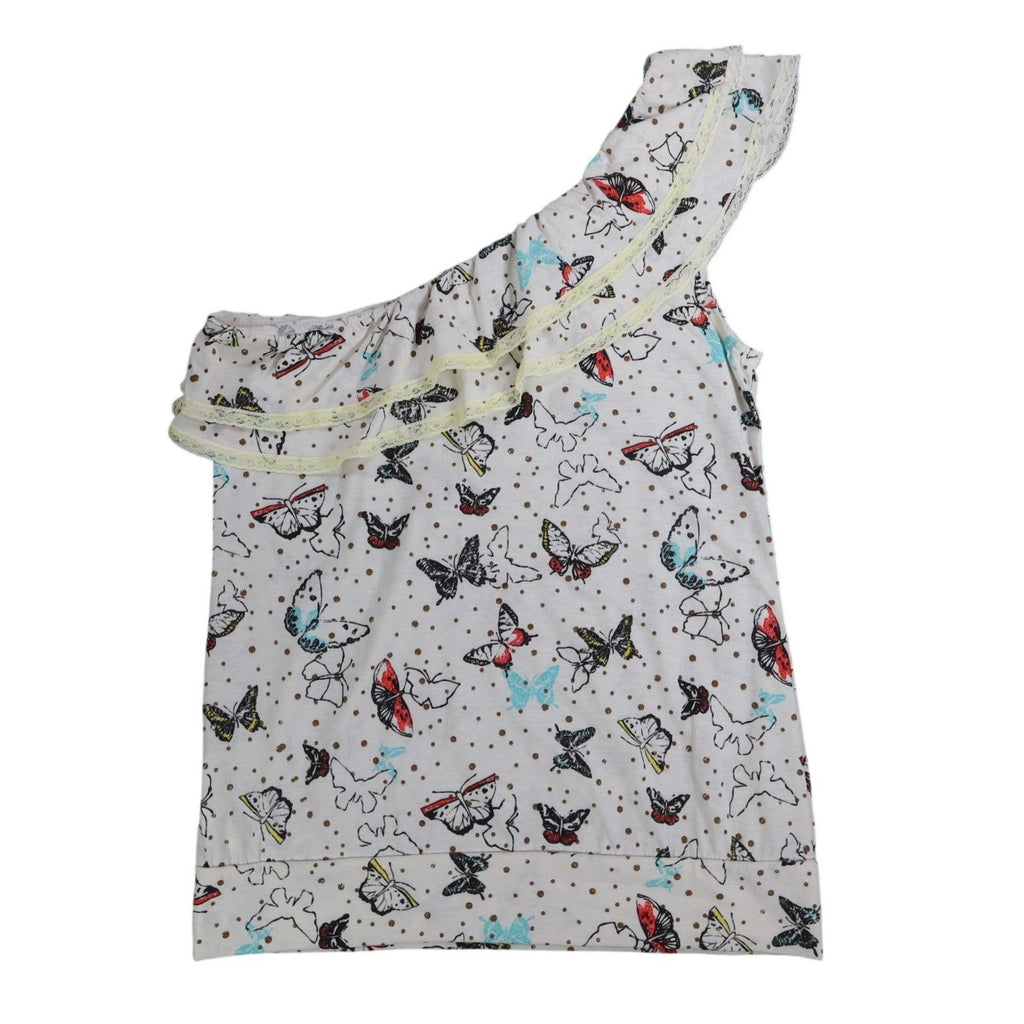 Jolt One Shoulder Top Womens Medium Ivory Butterfly Print Ruffle Lace Trim NWT - take2supply