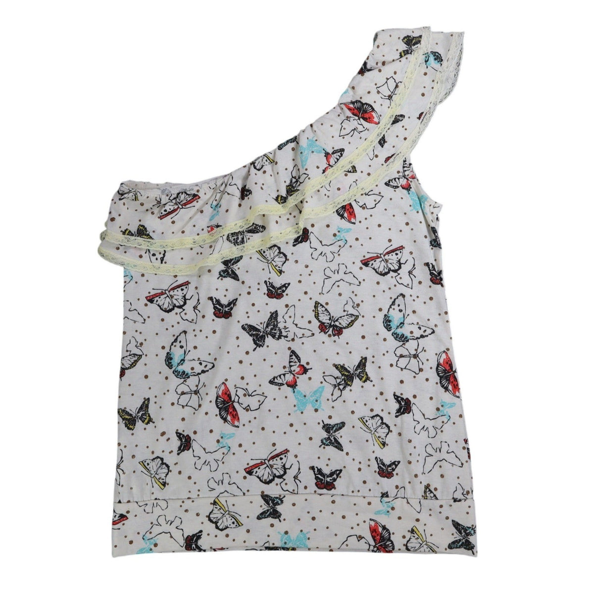 Jolt One Shoulder Top Womens Medium Ivory Butterfly Print Ruffle Lace Trim NWT - take2supply