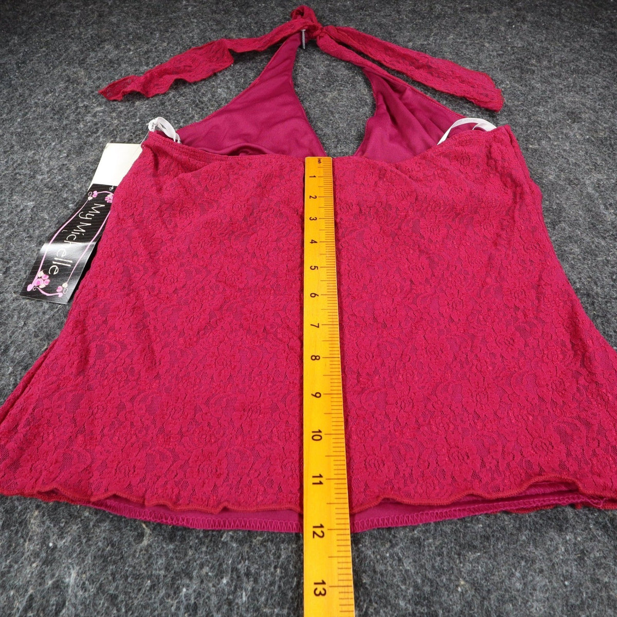 My Michelle Halter Top Large Y2K Pink Floral Lace Tie Neck Lettuce Hem NWT - take2supply