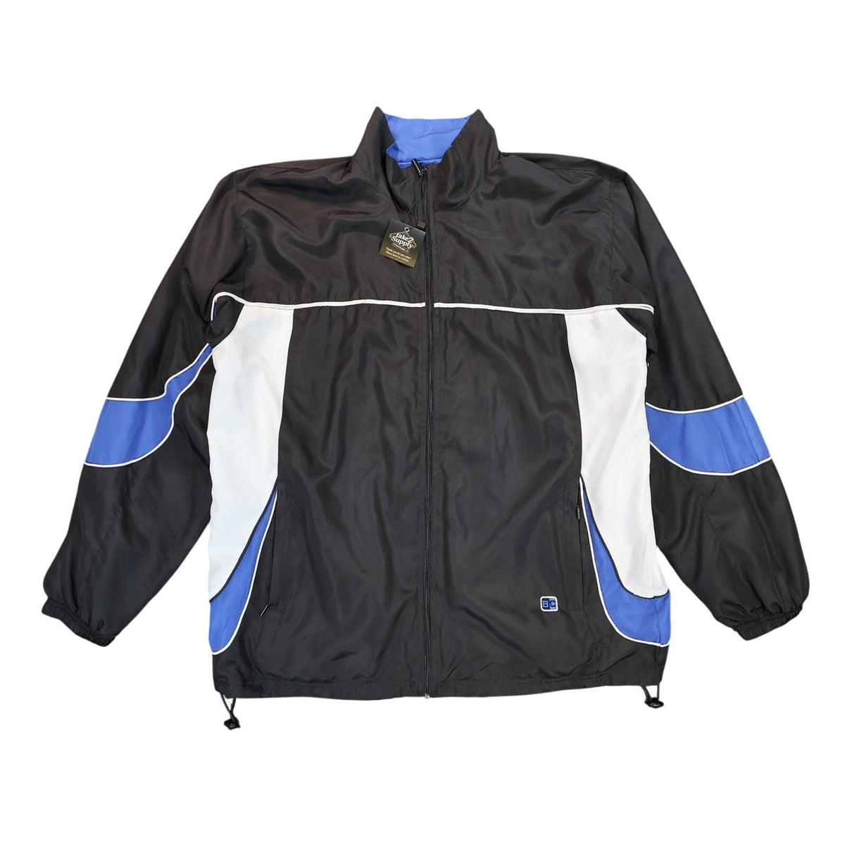 Front of a black Basic Concept windbreaker with blue and white color-block panels
