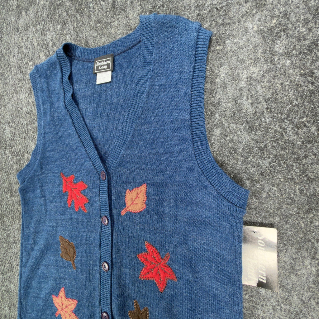 Southern Lady Vintage Sweater Vest Womens M Blue Leaf Embroidered Deadstock NWT - take2supply