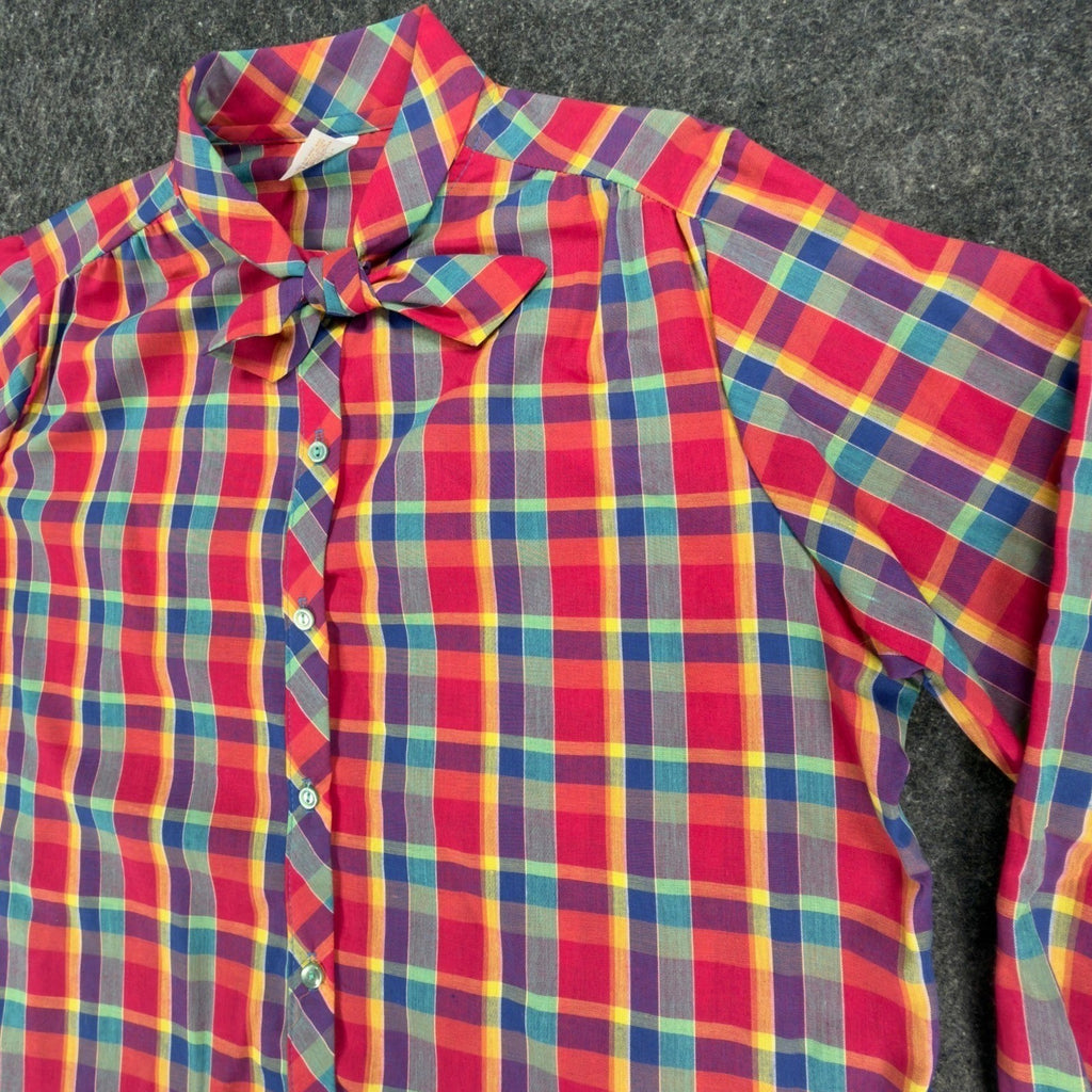 Sunny Shores Vintage 80s Bow Blouse Womens 18 Multi Plaid NWT Deadstock - take2supply
